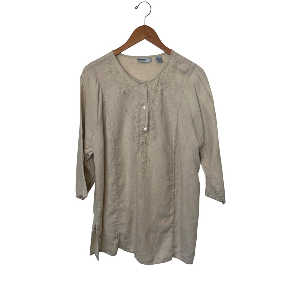Valerie Stevens Beige Embroidered 100% Linen Tunic Top, 1X Plus